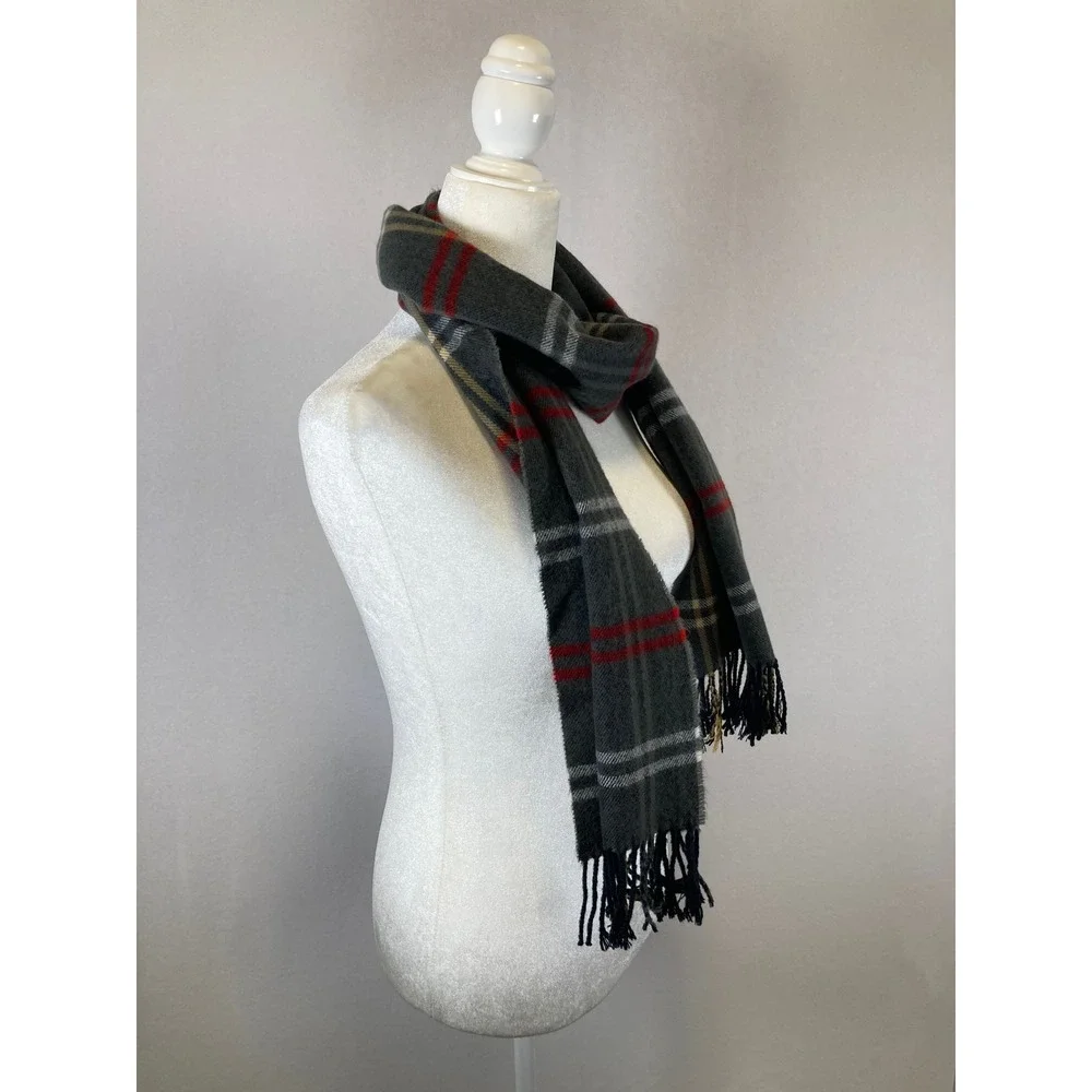 Classic Dark Academia Unbranded Womens OS Grey‎ Red Plaid Fringed Winter Scarf